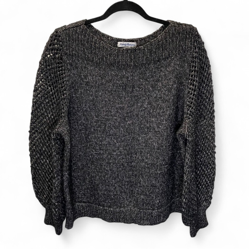 Tommy Bahama Shimmer Open Knit Balloon Sleeve Sweater Bateau Black XL Sparkle